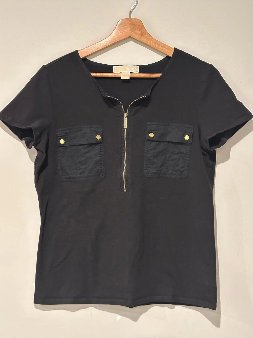 Michael Kors Black Short Sleeve Zipfront Pocket Tee